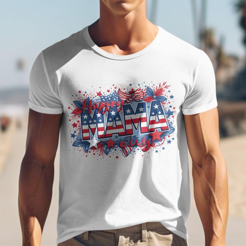 Men's T-shirt With Happy MAMA Patriotic Unisex White 100% Cotton Plus Size Tee