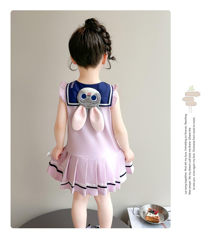 Girl Rabbit Police Officer Knitted Pleated Skirt Summer 2026 New Item Baby Girl Flying Sleeve Navy Collar Summer Dress Princess Skirt
