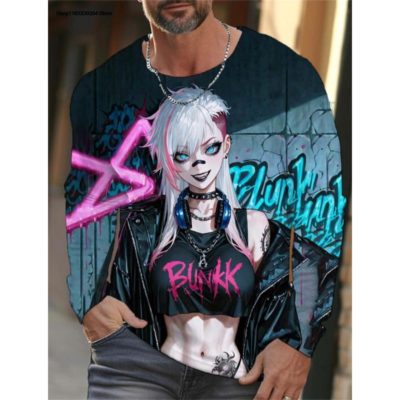 Anime Girl Graphic 3D Printed Top Casual Long Sleeved Men's T-shirts - Soft Medium Stretch Polyester Fabric Spring and Autumn Relaxed Fit Clothing