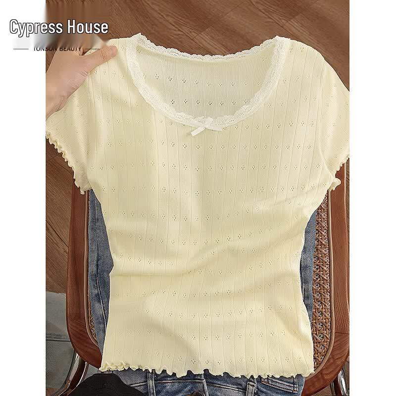 Women s Sweet Lace Trim Slim-Fit Short Sleeve T-Shirt One Size светло-желтого