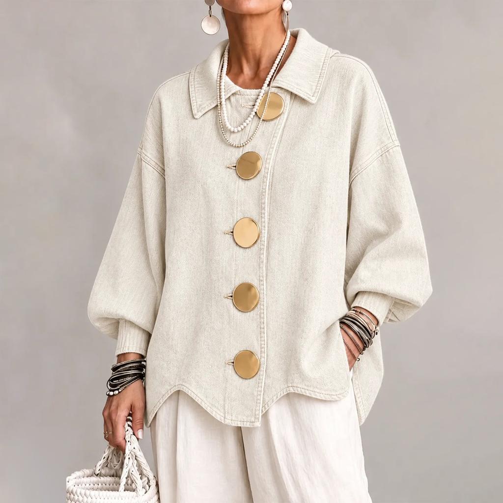 Women's Oversized Denim Jacket with Lapel Collar and Large Buttons for Casual Wear