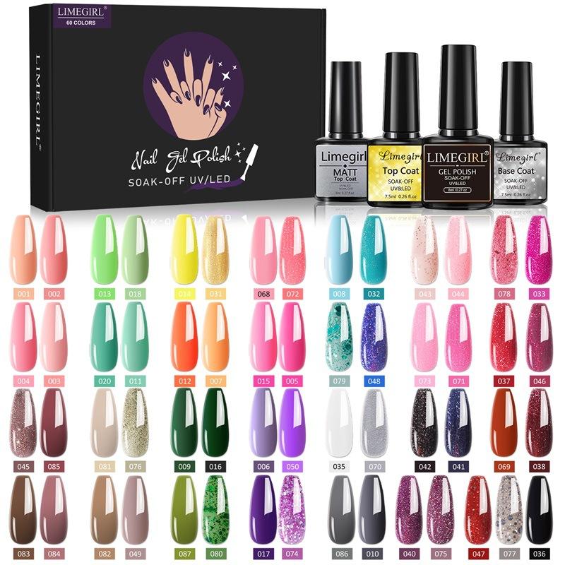 8ml Nail Gel Polish Kit 60pcs Full Set Box Glossy Long-lasting UV Gel Base Top Coat