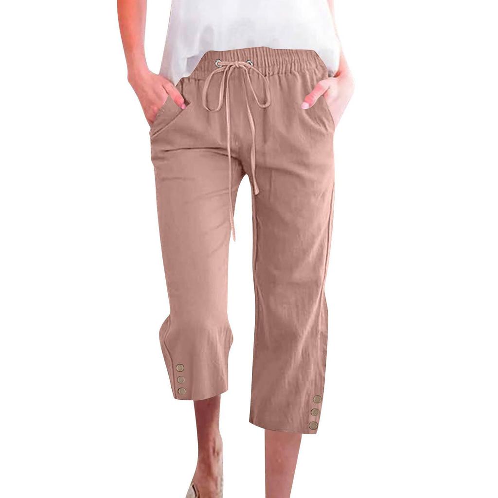 Spring Solid Color Cotton Linen Drawstring Cropped Pants