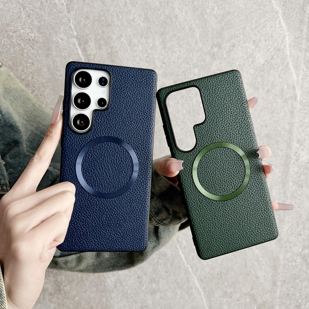 For Samsung Galaxy S25 Ultra Case Compatible with MagSafe PU Leather+TPU Phone Back Cover