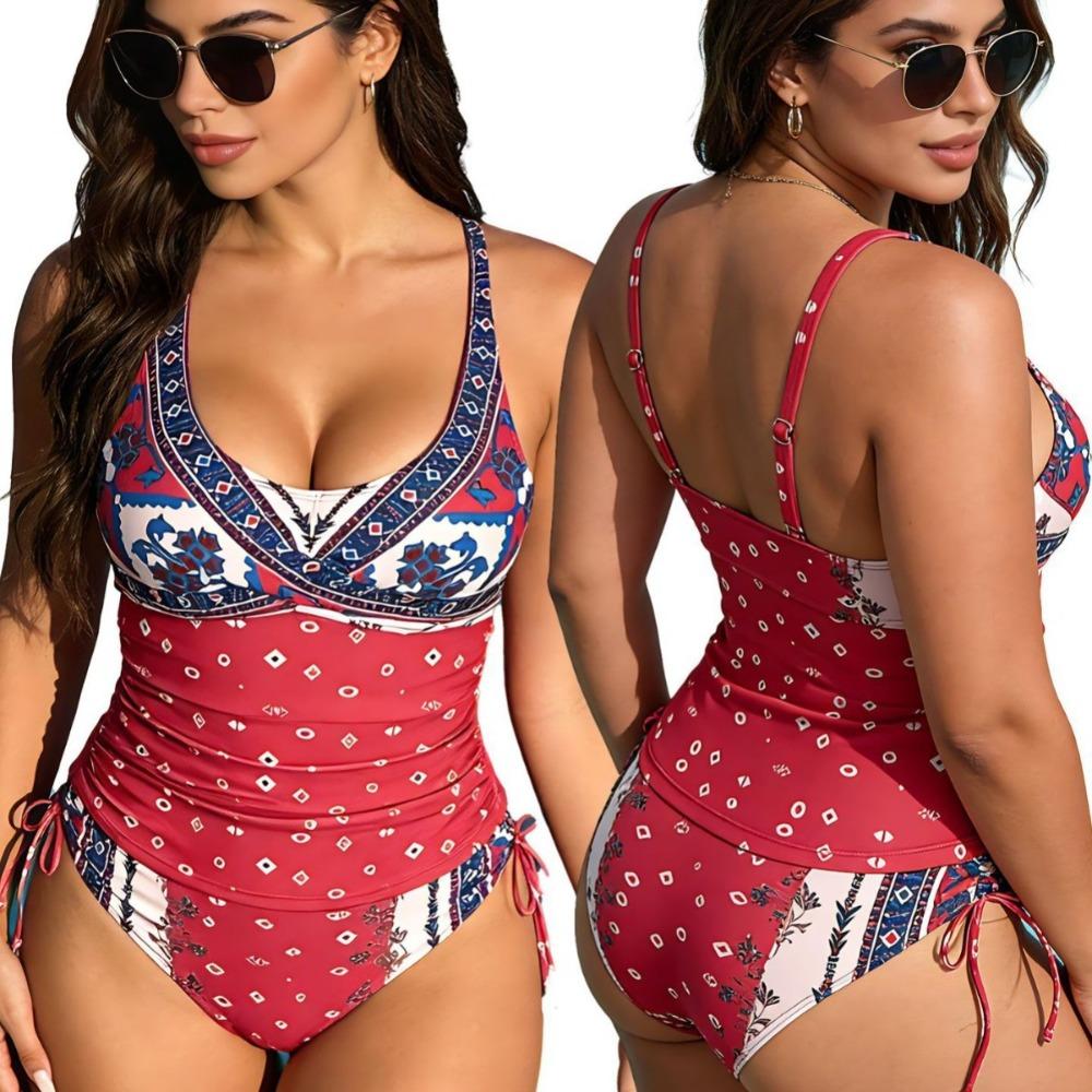 2026 New Women's One-piece Swimsuit Digital Printing Suspender Tube Top High Waist Swimsuit OM2428