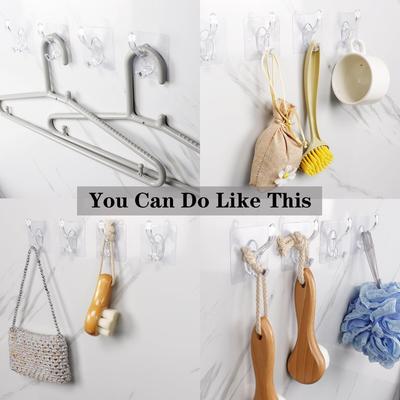 20 Pack Adhesive Hooks for Hanging,  Heavy Duty Wall Door Hooks, Clear Plastic Sticky Hanging Hook for Kitchen Bathroom