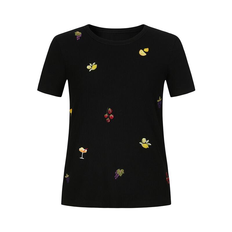 JUZUI Women's Fruit Embroidered Beaded Slim-Fit T-Shirt