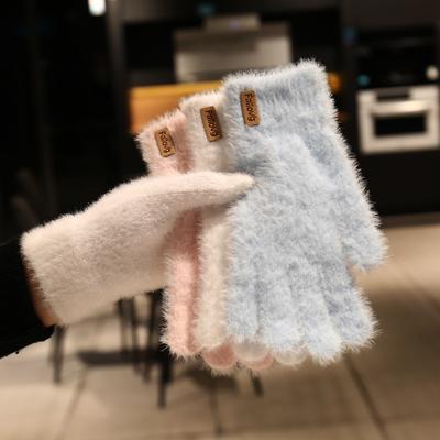 All-finger Small Standard Knitted Plush Finger Gloves Women's Winter Cartoon Riding Warm and Plush Cold-proof Finger Gloves