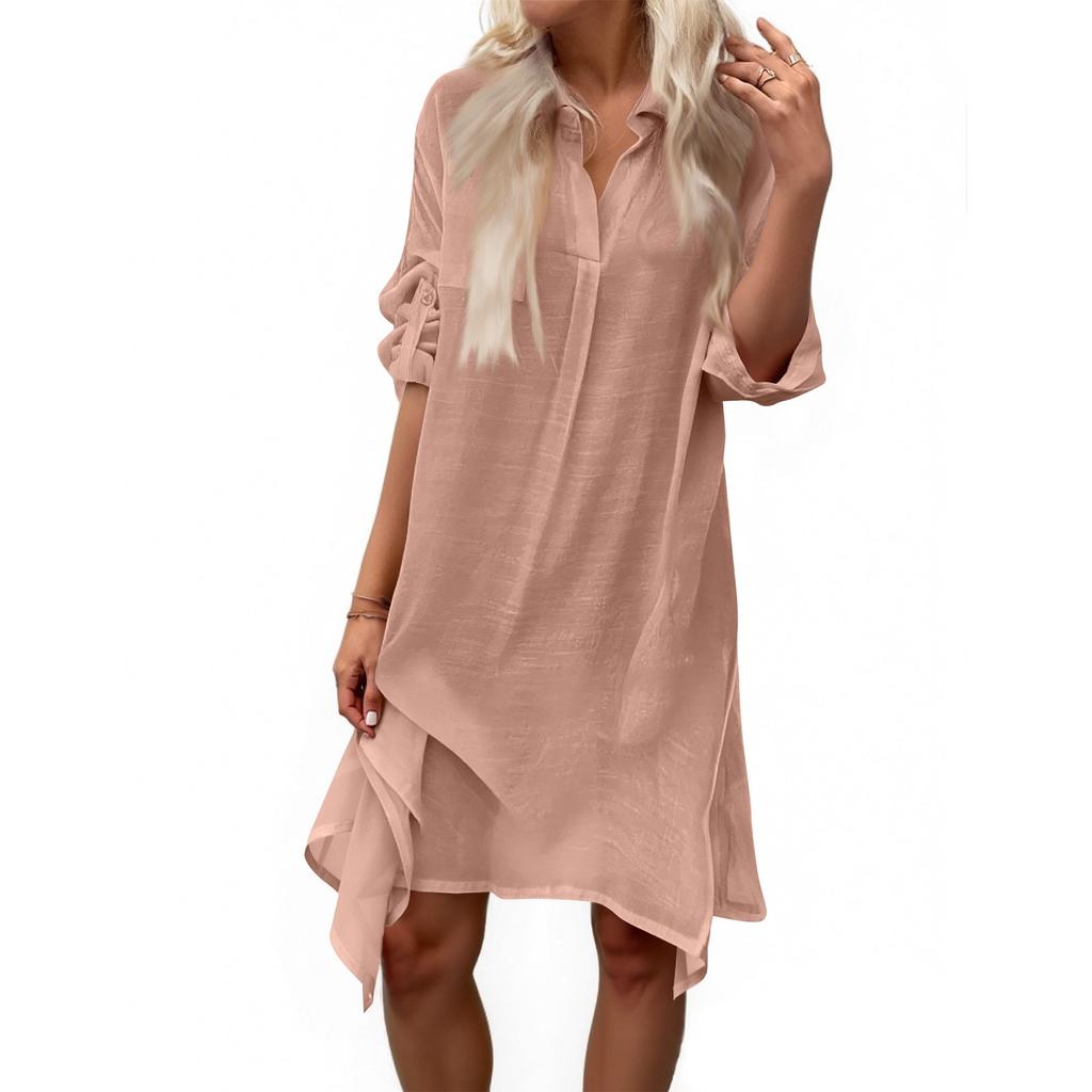 Women's Summer Solid Color Cotton And Linen V-Neck Long Sleeve Button Midi Dress