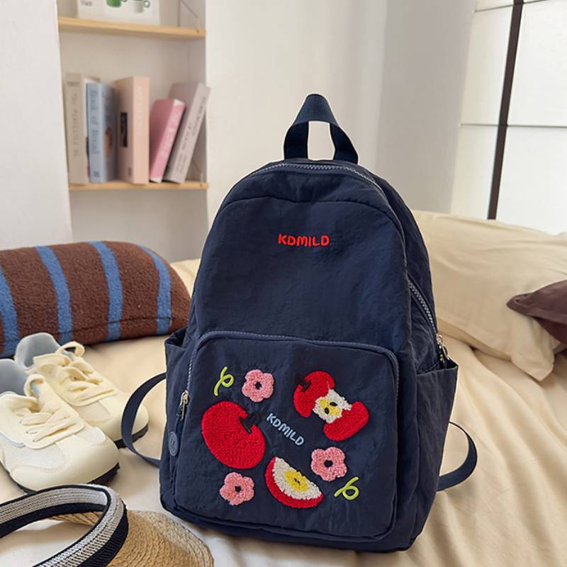 Fruit Pattern Nylon Backpack For Girls With Apple Print And Zipper Design