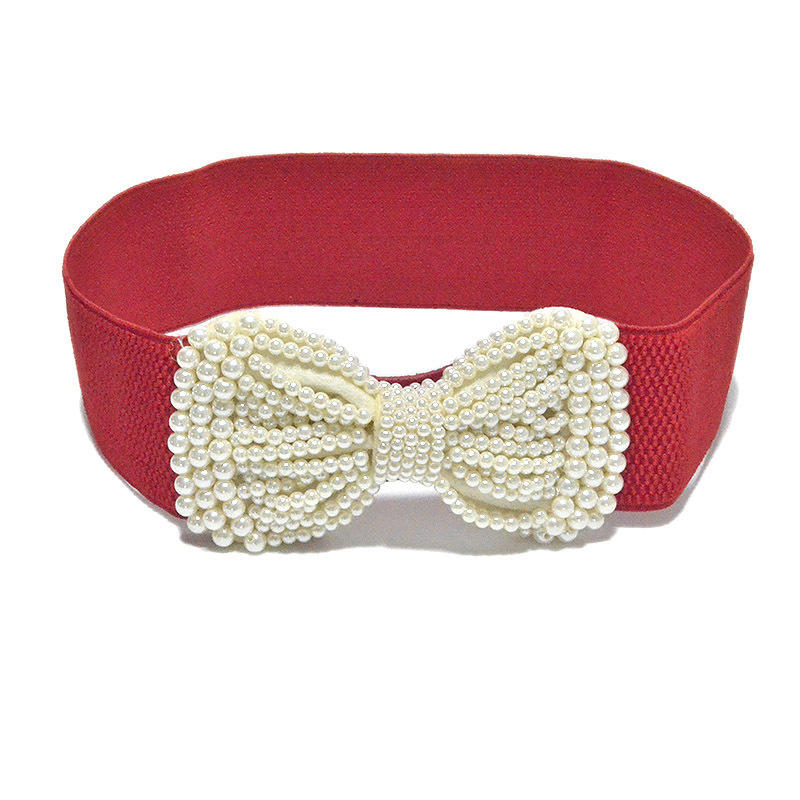 Women Pearl Bow Belt Elegant Wide Elastic Waist Cincher Fashion Accessory Dress Sash Wedding Party Waistband Stylish Adjustable All-Match Solid Color