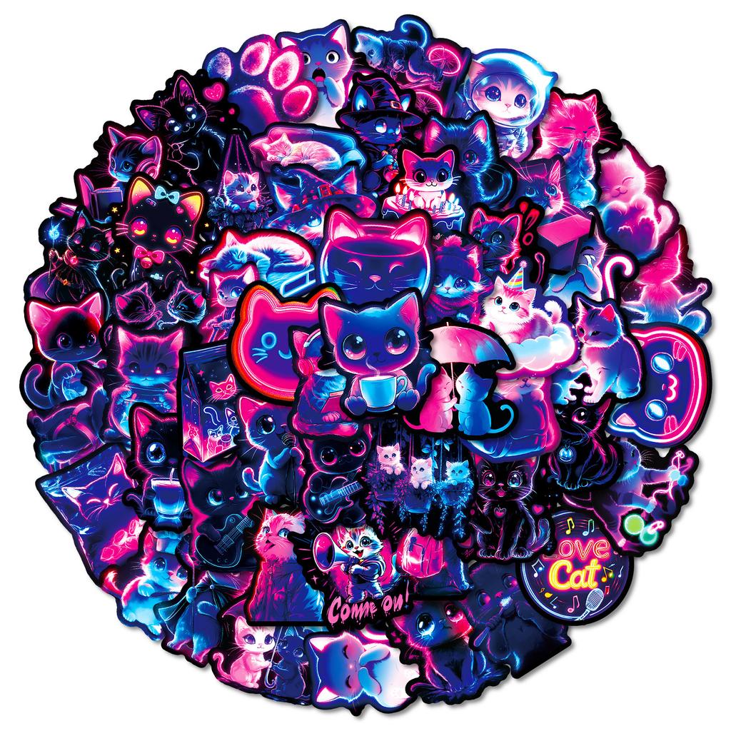 56Pcs Neon Light Animal Cat Cartoon Stickers Aesthetic Decal Diy Skateboard Phone Cup Suitcase Cute Decoration Sticker For Kid