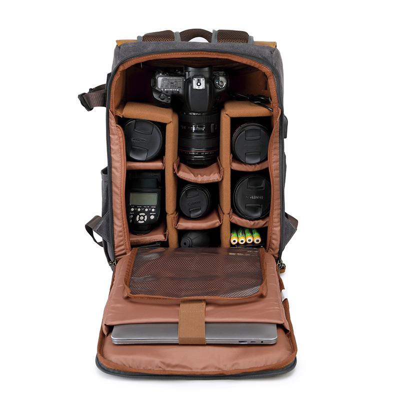 Professional Waterproof Waxed Canvas DSLR Camera Backpack USB Charging Por Large High-End Camera Bag Backpack Camera Drone Backpack