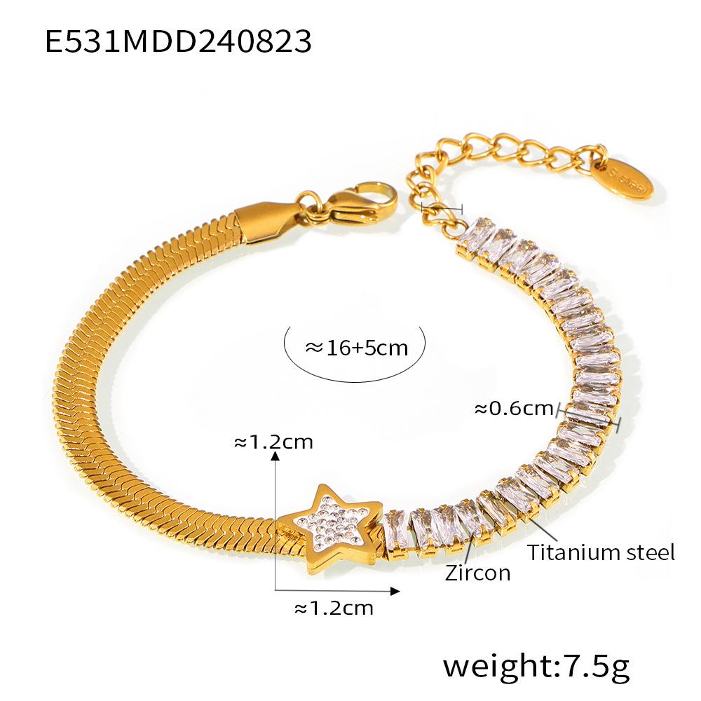Blade Chain Pentagram Spell Rectangular Zircon Bracelet Light Luxury Titanium Steel Plated 18K Gold Jewelry