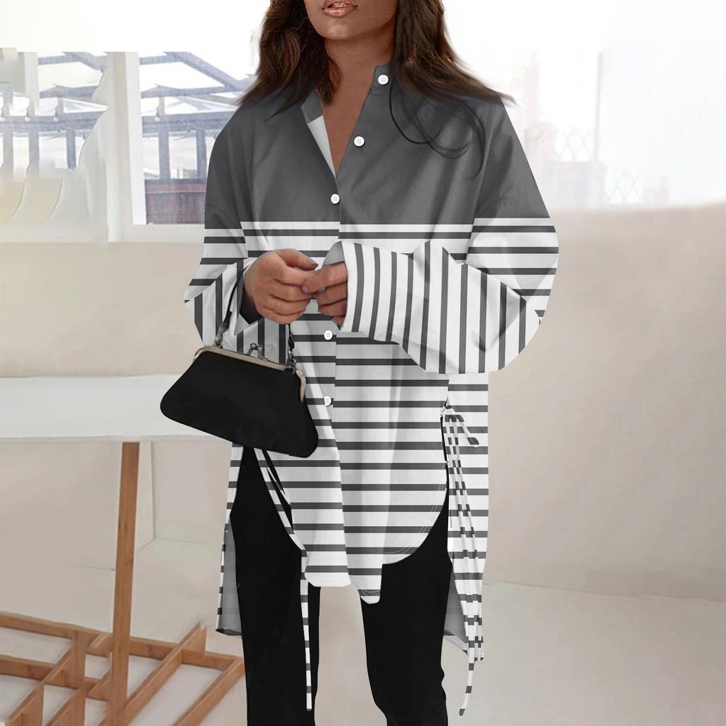 Camicia da donna di tipo sciolto a maniche lunghe con risvolto a maniche lunghe tinta unita alla moda