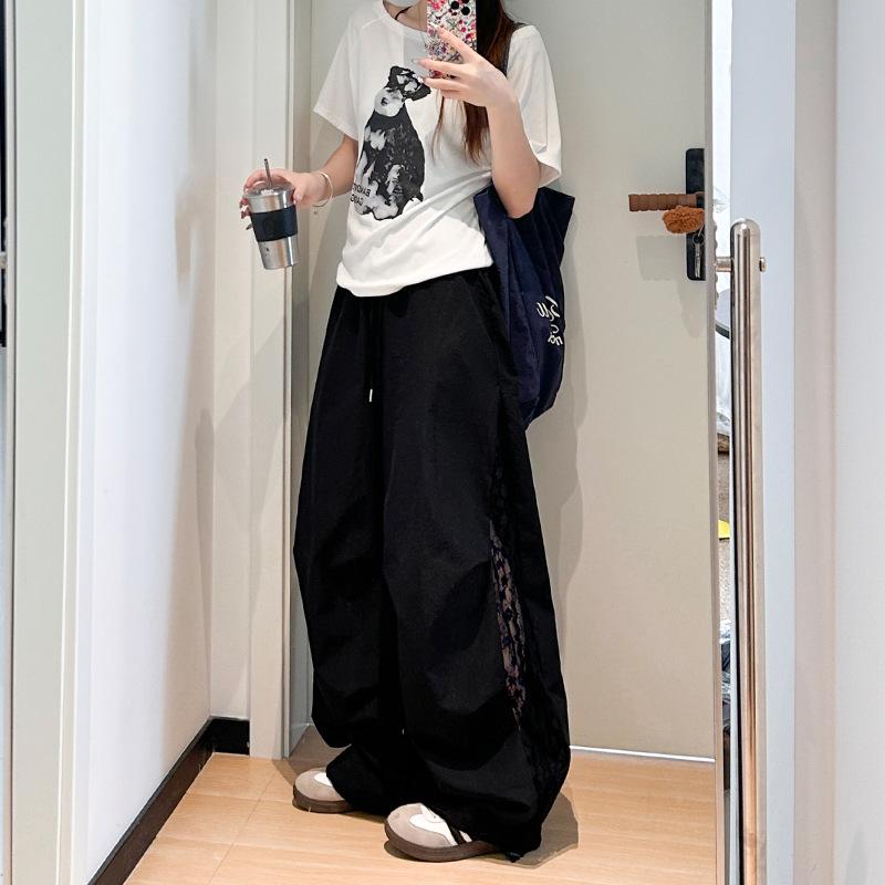 Lace Stitching Casual Pants Women's Summer Lazy Wind High Waist Loose Quick-drying Wide-leg Pants