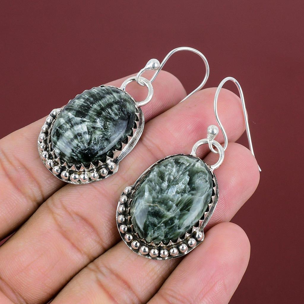 Seraphinite Earrings 925 Sterling Silver Earring Handmade Brand New Earring Latest Design Earring Seraphinite Gemstone Jewelry Gifts For Mom