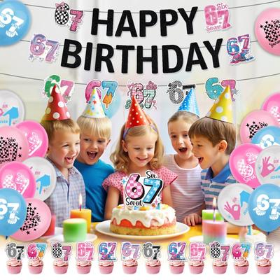 Zes-zeven Themafeest Decoraties 67 Verjaardagsfeest Banner Ballonnen Set Taart Topper Feestartikelen 67 Jongens Ballon Decoratie