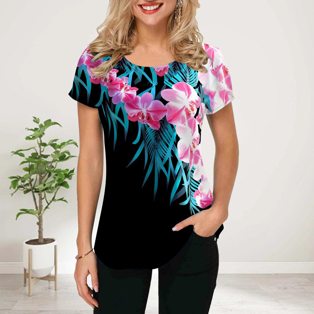 Camiseta feminina de verão, estampa de flores ocas, azul, manga curta, camisetas casuais, tops estampados