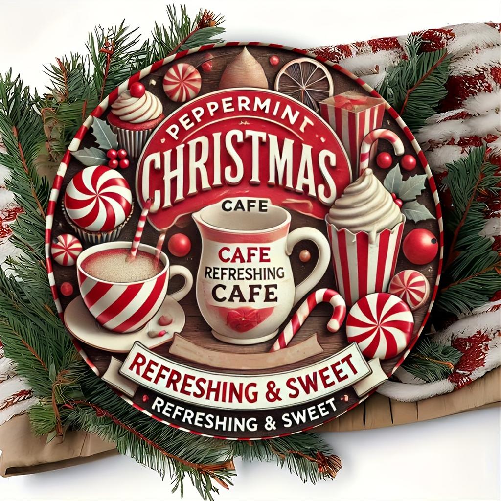 Christmas Cafe Mint Aluminum Brand - 1 piece, 8x8 inch round metal wall art, suitable for holiday decoration, suitable for home