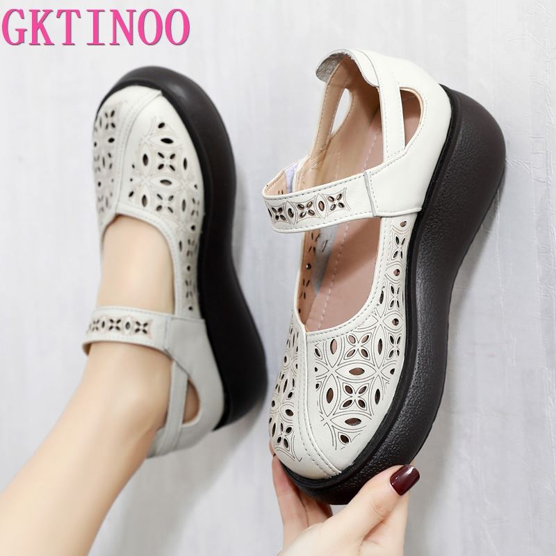 Fashion GKTINOO 2025 Spring Summer Hollow Genuine Leather Shoes Sandals Platform Increase Shoes Wedges High Heels Large Size Women Shoes