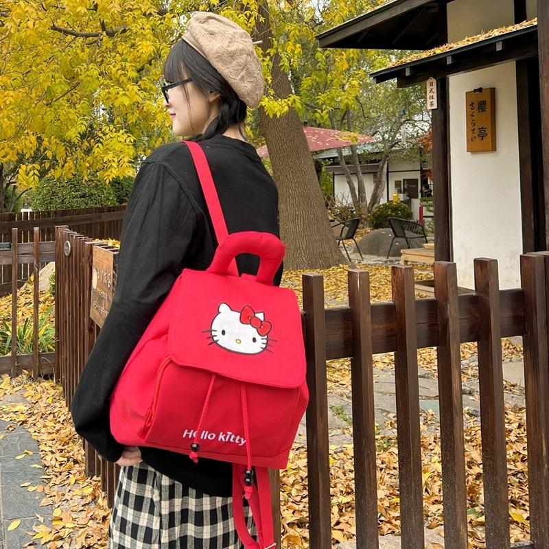 Casual Backpack Large Capacity Simple Solid Color Canvas Student Schoolbag Cute Kt Cat Backpack Girl