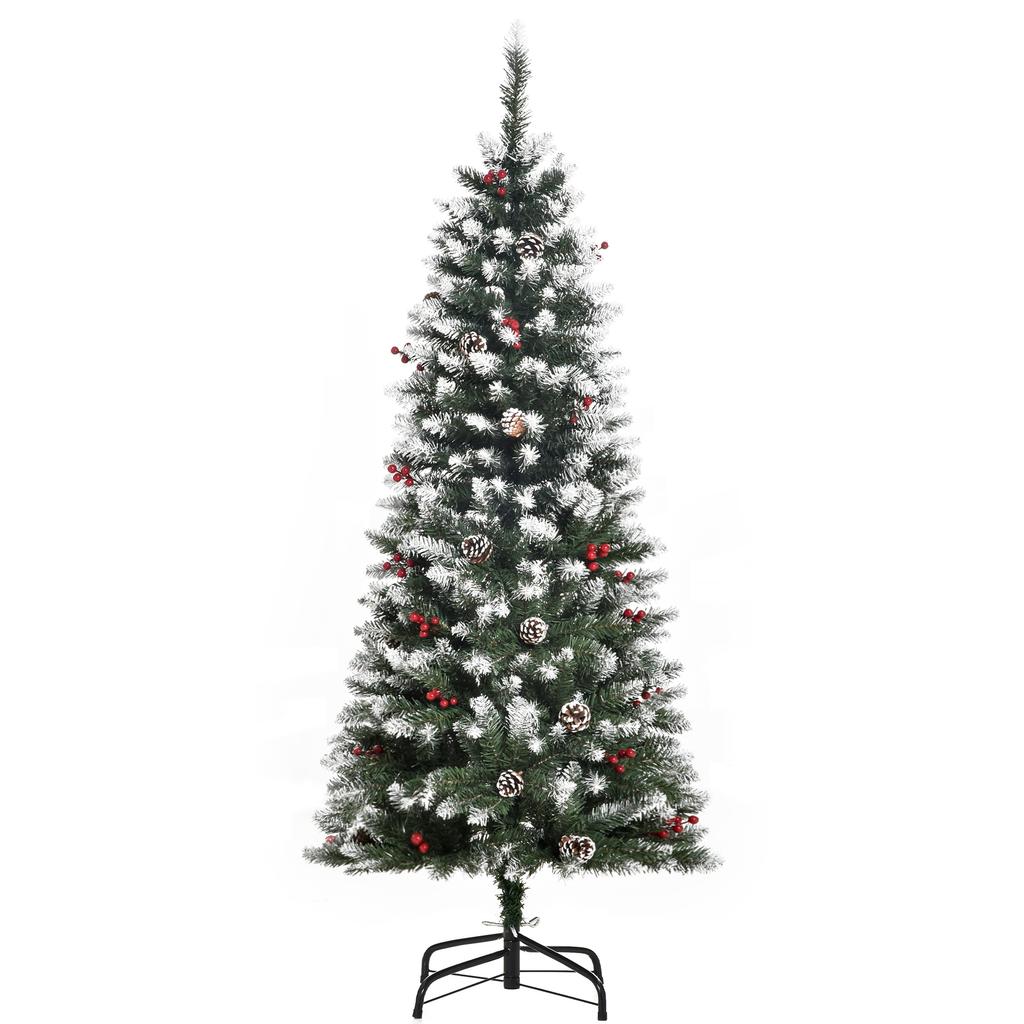 150cm Artificial Snow-Covered Christmas Tree with Red Berries and White Pine Cones, Removable Folding Base, 408 Branches