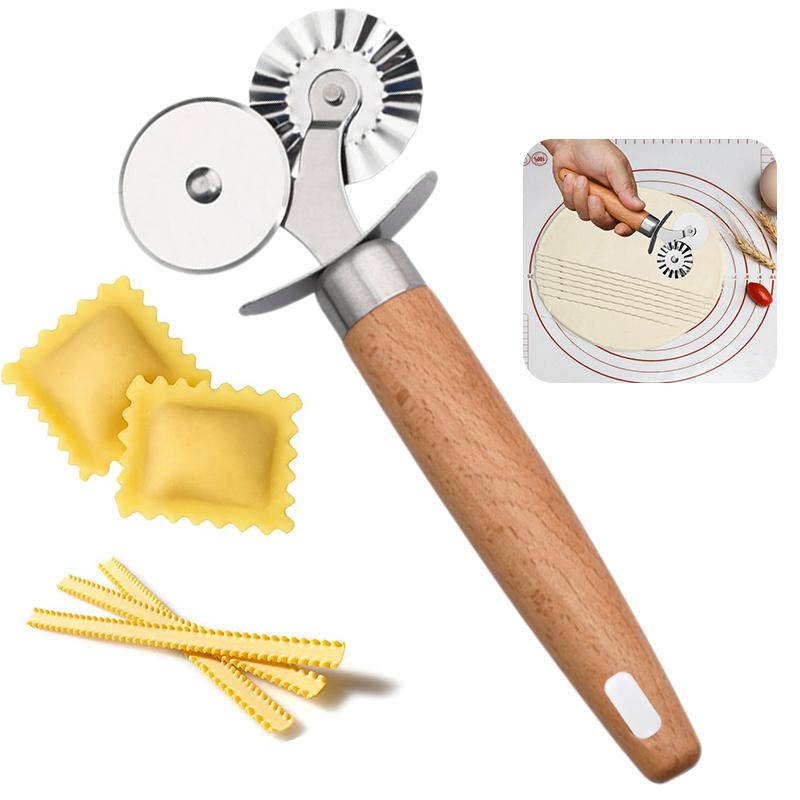 Teigradschneider - Geriffeltes Gebäckrad Doppelrad Ravioli Schneider Werkzeug Mit Holzgriff Für Pasta Pizza Ravioli Keks