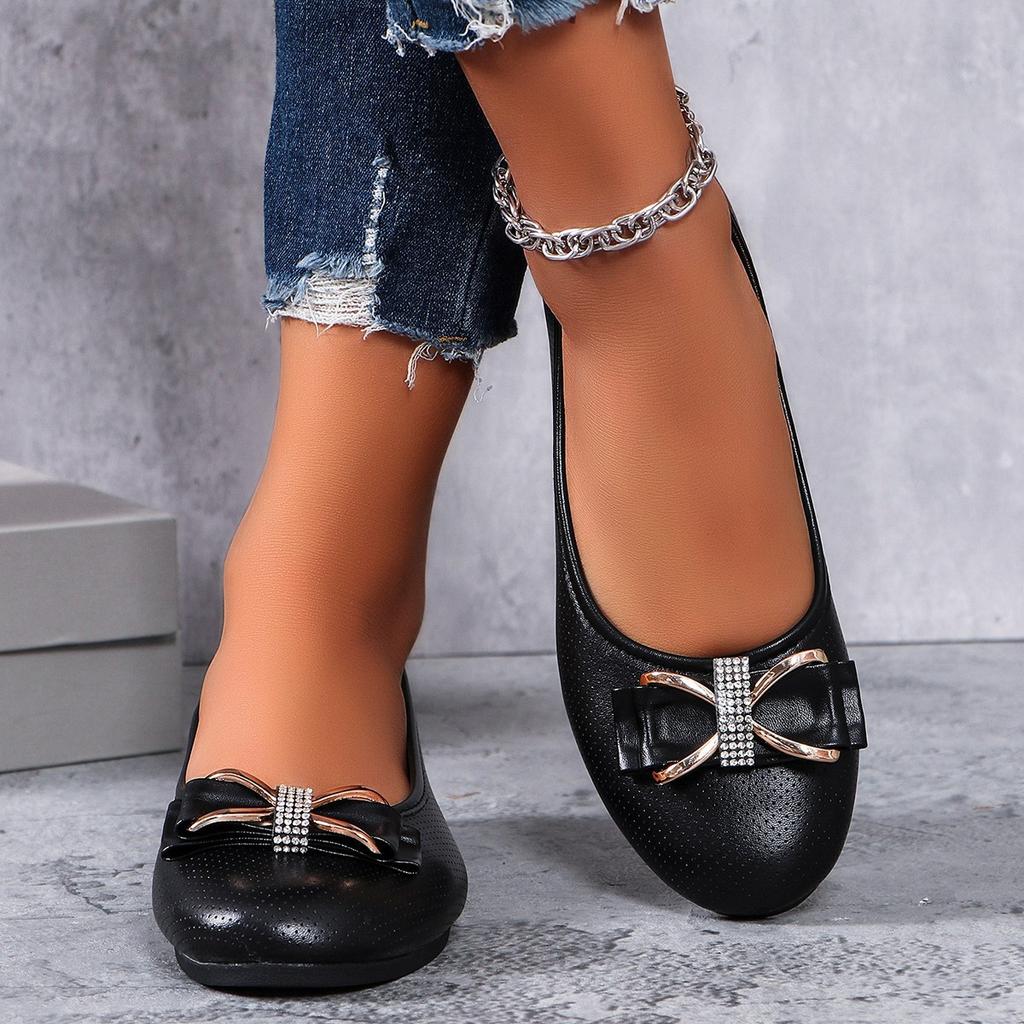 Fashion New Large-sized Flat Single Women's Shoes with Bow Wedge Heels and Low Heels, Round-toed Women's Work Shoes and Leather Shoes