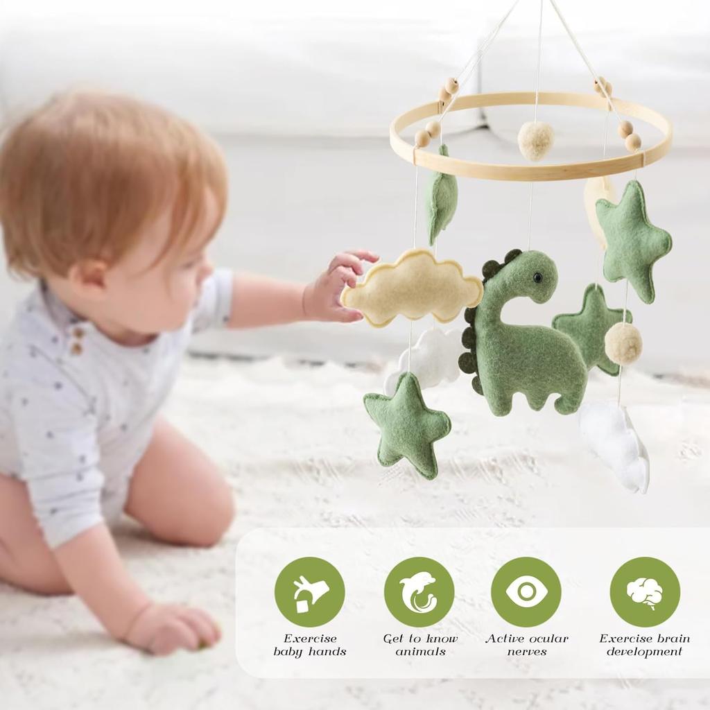 Soft Green Dinosaur Theme Baby Mobile for Crib, Simple Crib Bell for Boys and Girls,Handmade Felt Clouds Nursery Ceiling Decoration,Easy to Install