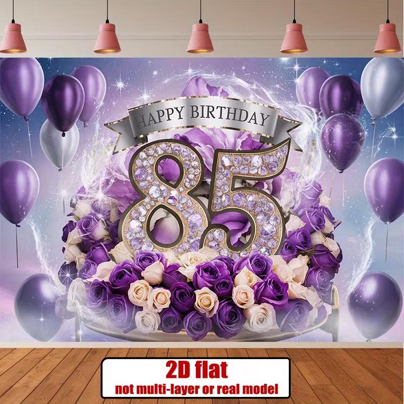 2D Sparkle Purple 85th Birthday Backdrop Floral Diamond Photography Background