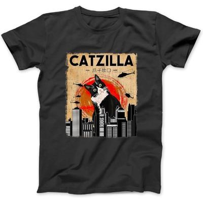 Vintage Catzilla Tee - Funny Tuxedo Cat and Kitten Shirt for Men Women Kids Made In Canada Black