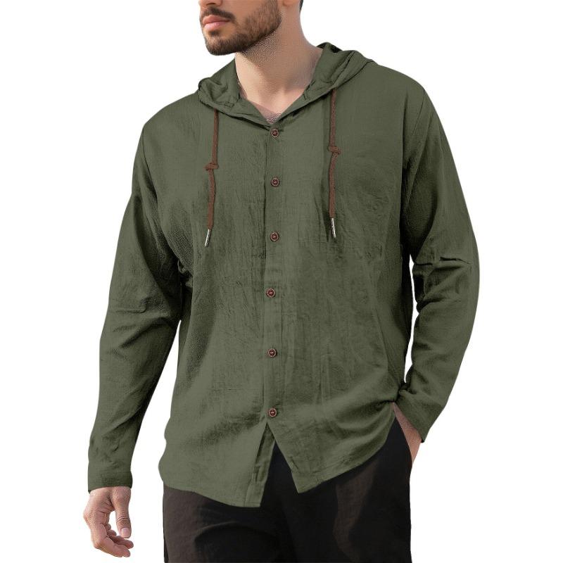 Men's Simple Cotton and Linen Casual Loose Breathable Long-sleeved Solid Color Hooded Shirt