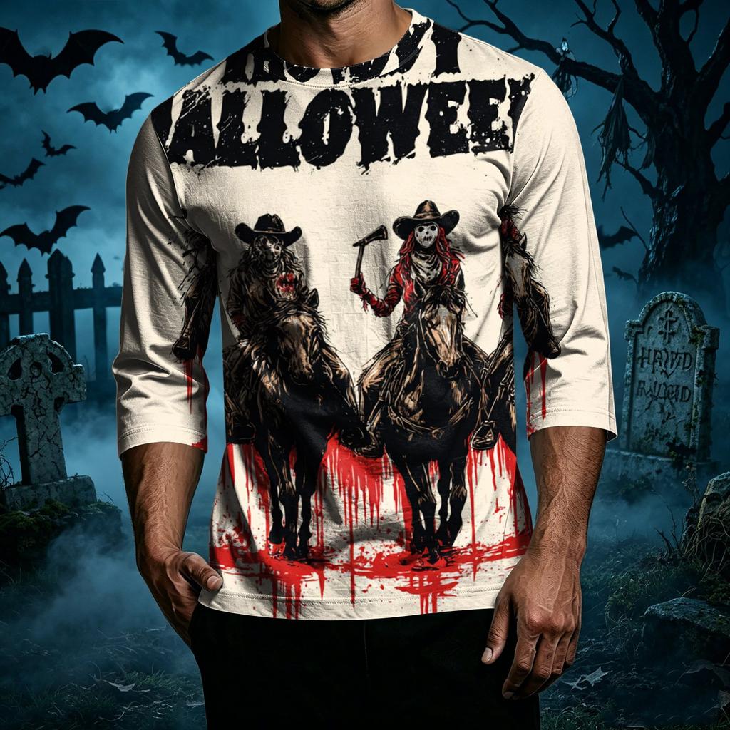 Men's Casual Halloween Graphic Crew Neck T-Shirt Three Quarter Sleeve Top Printed Design Comfortable Fit