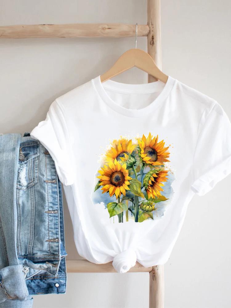 Women's Short-sleeved T-shirt, Fashionable Flower Print Bottoming Shirt