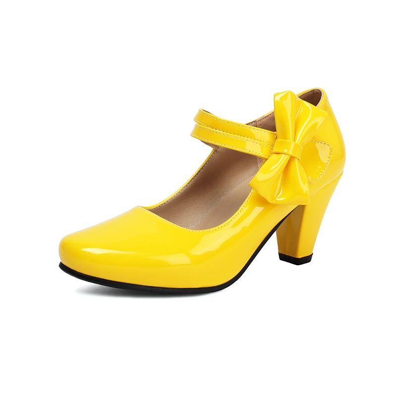 FOREADA Women Patent Leather Pumps Round Toe Mary Janes Heels Thick High Heels Buckle Bow Ladies Fashion Shoes Sping Autumn Pink 46