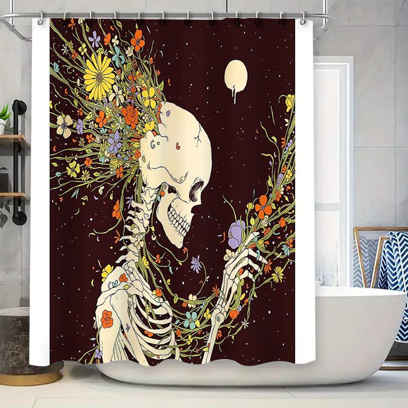 

Gothic Floral Skull Shower Curtain Dark Academia Halloween Decor Spooky Tapestry Wall Hanging Vintage Botanical Art Room Divider W60H190(CM)-1 Pcs