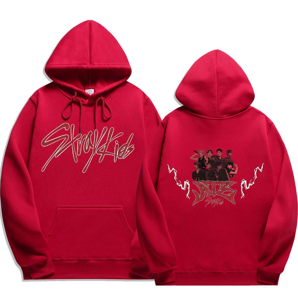 Stray Kids Script Logo ATE Group Lightning Hoodie Stray Kids Members Group Photo with White Lightning & ATE Metal Logo, Oversized K‑Pop Fan Pullover
