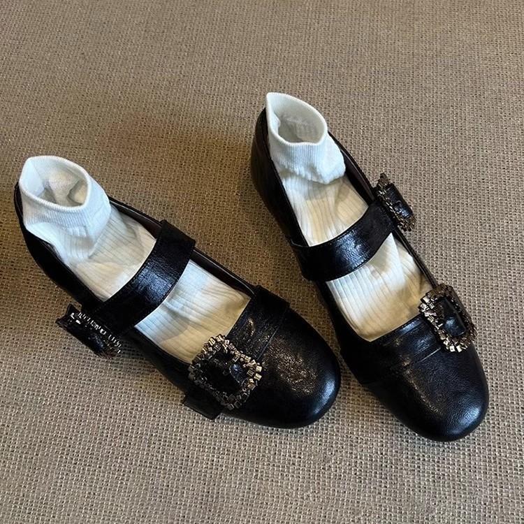 Soft leather version~ Shallow soft leather versatile one-word buckle flat Mary Jane shoes women's retro rhinestone comfortable low-heeled single shoes