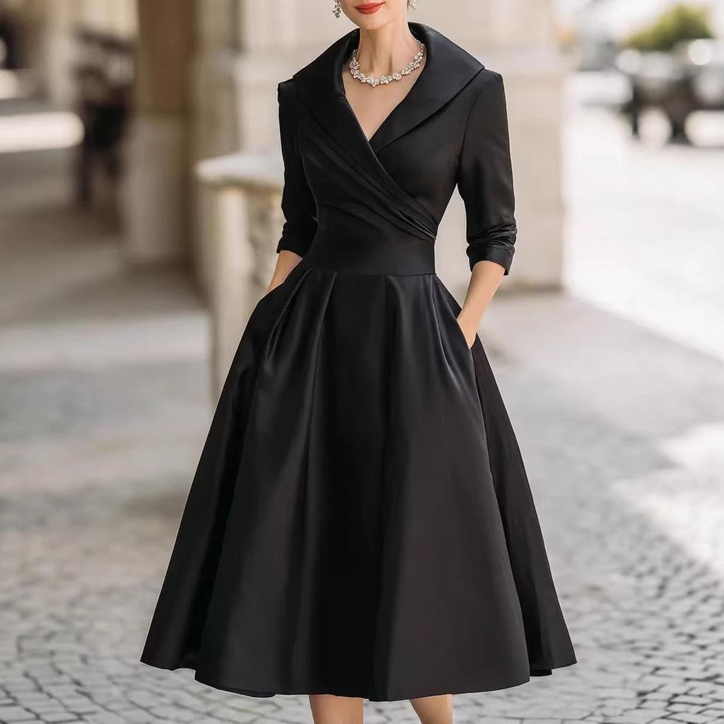 Women Elegant Formal Midi Dress, Lapel Collar 3/4 Sleeve Wrap V‑Neck Dress, High Waist Pleated A‑Line Swing Dress With Pockets For Wedding Guest Party