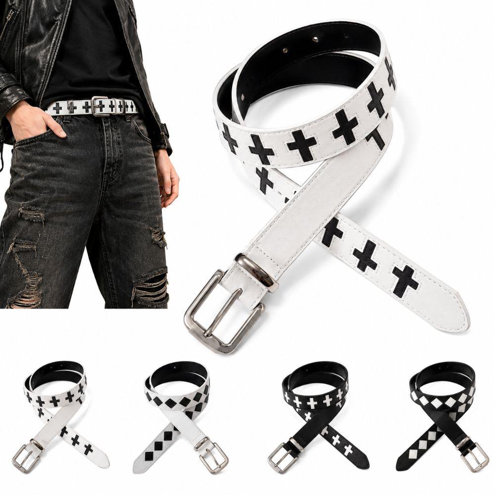 Black White Punk Women Men Belt PU Leather Y2K Retro Pin Buckle Belt Hip Hop Cross Pattern Streetwear Waist Belt For Jeans