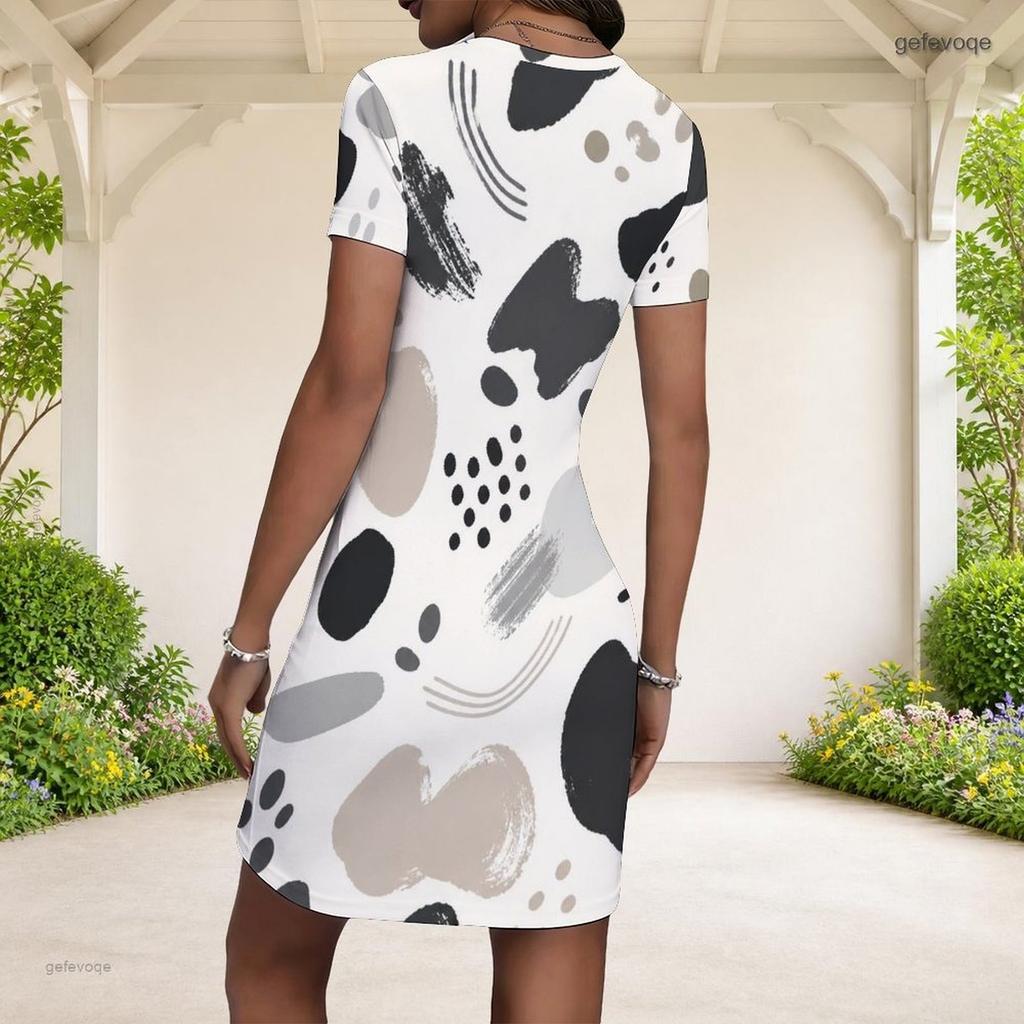 Women Plus Size Off White Round Neck Short Sleeve Printed Fitted Mini Dress