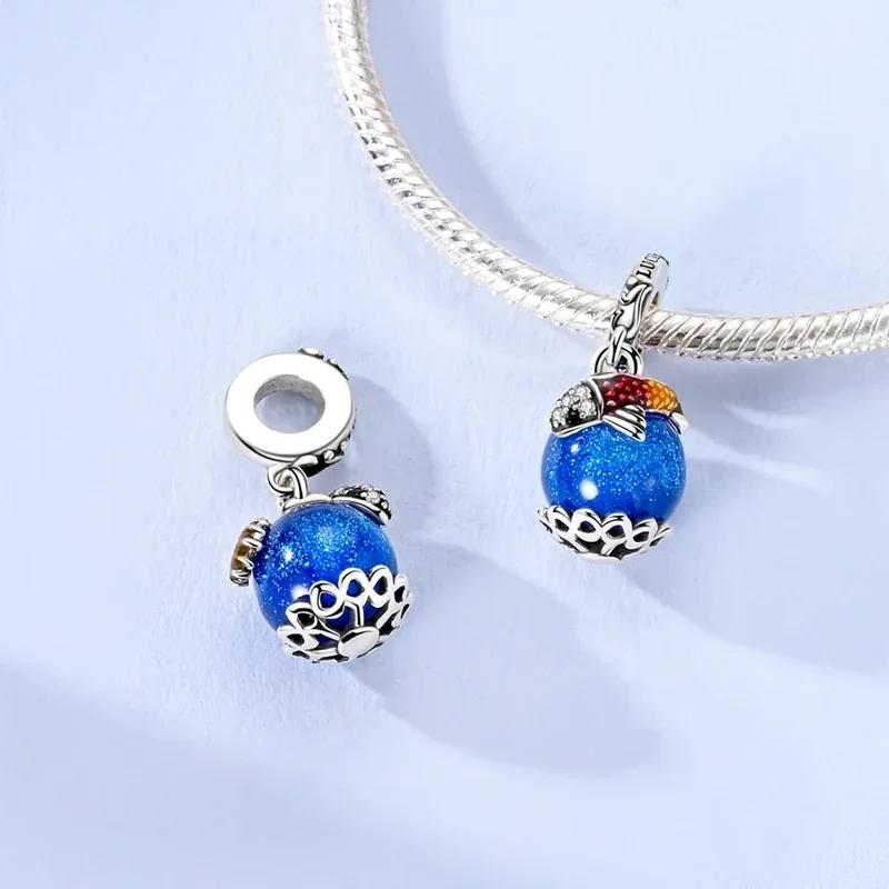Copper Metal Glass Blue Gem Lotus Magical Charm Bead Components Lucky Koi Bead Components Compatible With Authentic Original Bracelets Do It Yourself