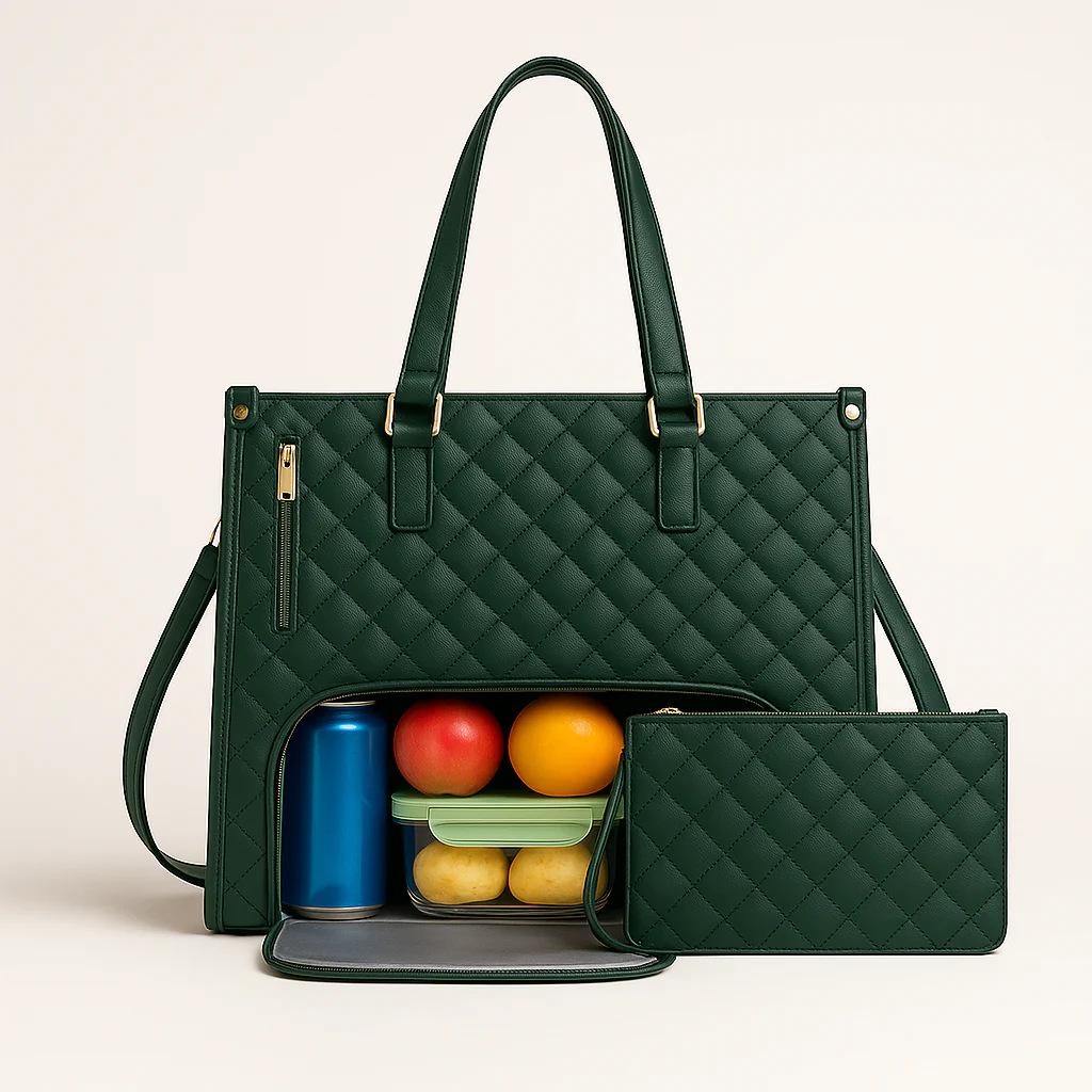 High-Quality Insulated Black Diamond Lattice Lunch Bag, Handbag, and Crossbody Tote