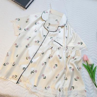 Pijama Elegante com Estampa de Flores e Plantas para Mulheres Renda Flor Lateral Doce Conjunto de Duas Peças Senhora Roupas de Casa de Verão Novas