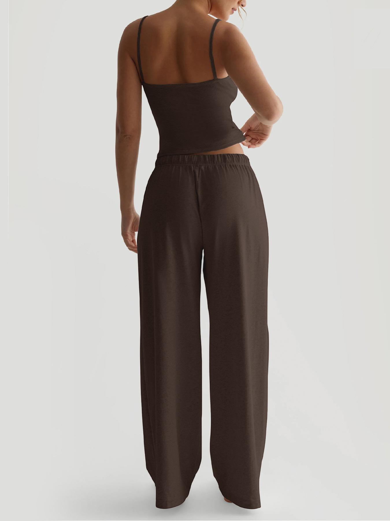 

Summer Camisole Crop Top Long Pants Casual Wide Leg Pants Lazy Style Set For Women XS темный кофе