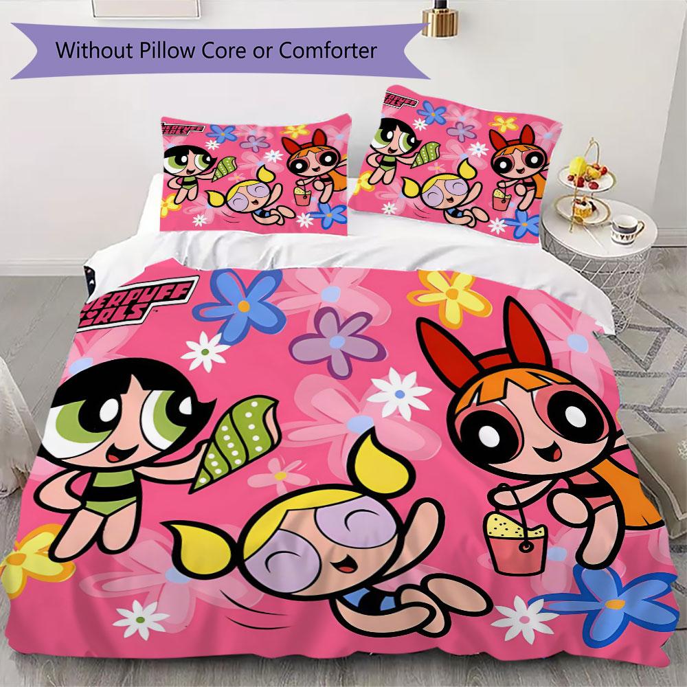Powerpuff Girls Cartoon Prints beddengoed, dekbedovertrek en kussenslopen, verjaardagscadeau (1 dekbedovertrek + 2 kussenslopen, kussenvulling niet inbegrepen)JM007