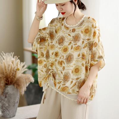 DIMANAF 2026 Plus Size New T-Shirt Women Blouse Loose Casual Lady Tops Print Flower Tees Shirts Oversize Beach Summer