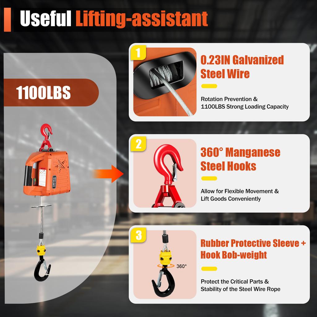 3-in-1 Electric Hoist Winch, 1100 lbs 1500 W 110 V Power Winch Crane, 25 ft Lifting Height, w/Wire and Wireless Remote Control