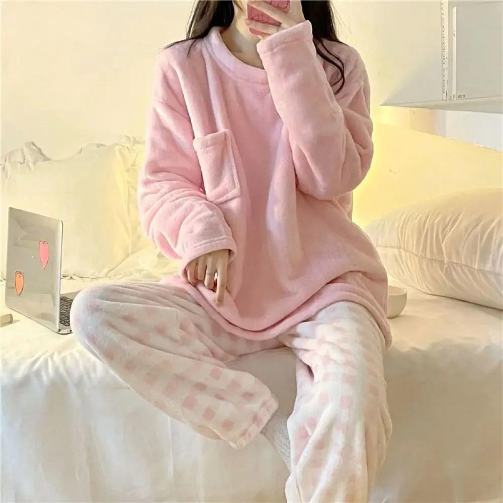 Conjunto de Pijama Feminino de Lã Grosso Quente Inverno Roupa de Dormir Casual Sólido Top e Calças Xadrez Conjunto de Pijamas Macio para Mulheres Roupa de Casa